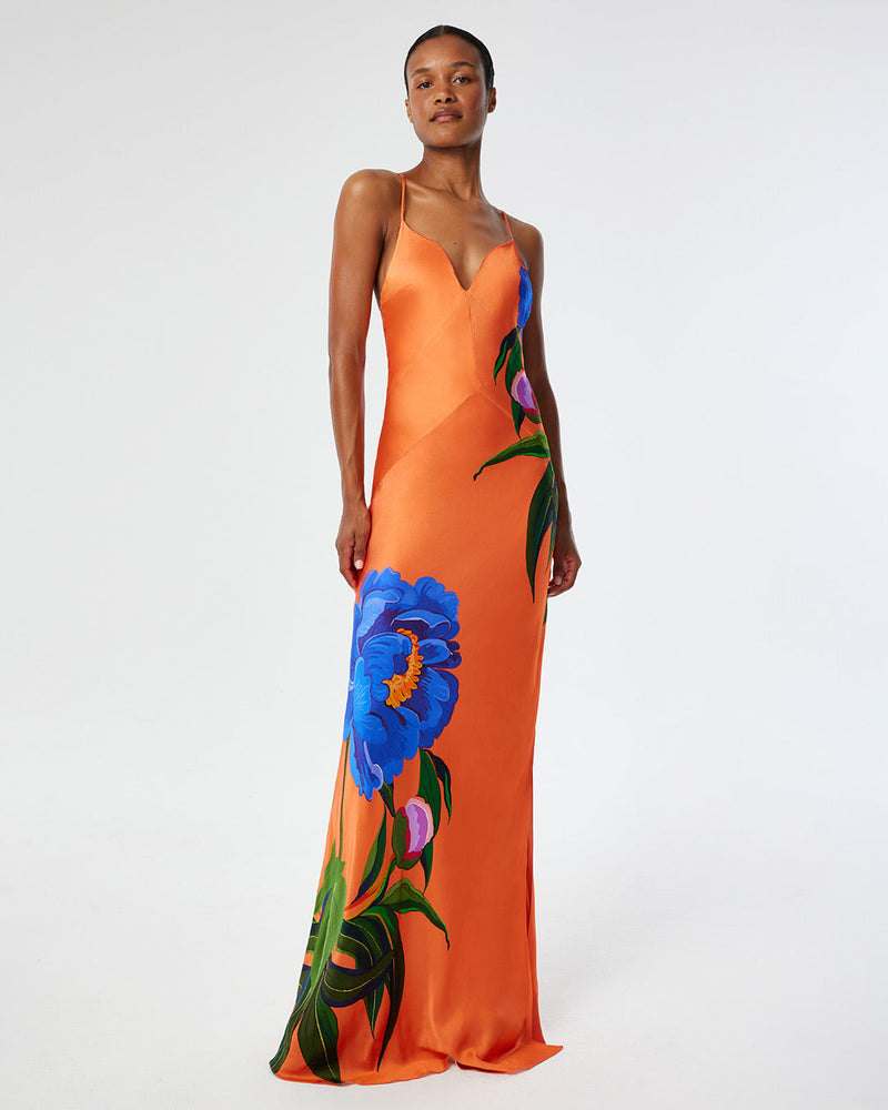 Olive Satin Maxi Dress - Floral Candy Coral media 1